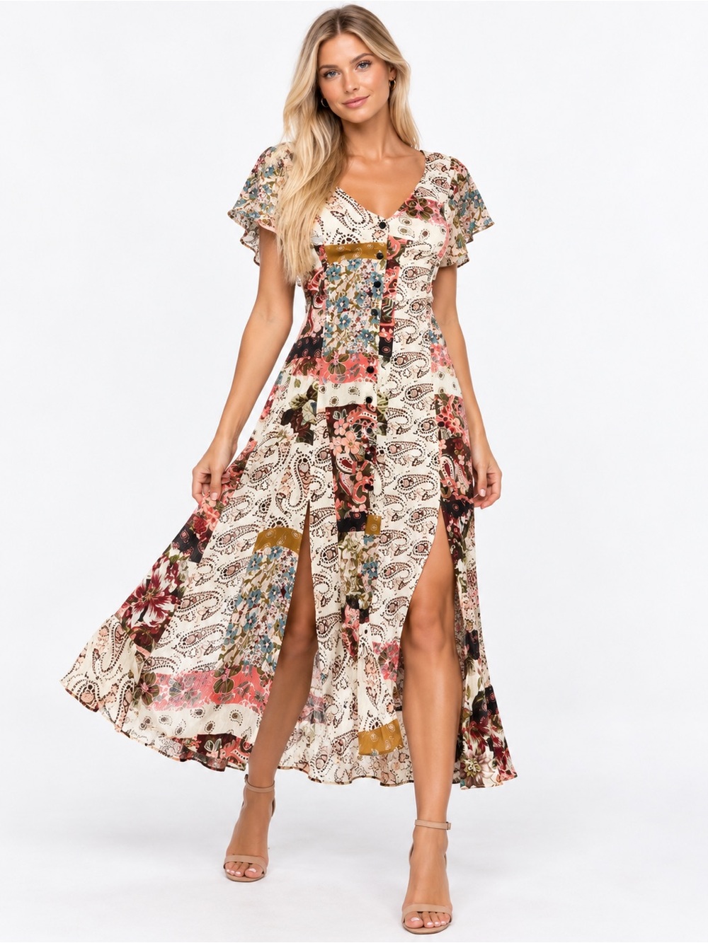 Zara Cream Floral Patchwork Maxi Dress with Pink and Olive Accents